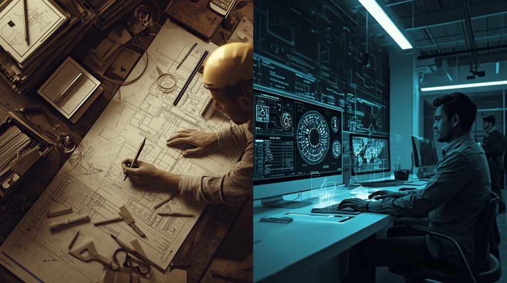 Comparison of traditional engineering workflow and AI-assisted workflow